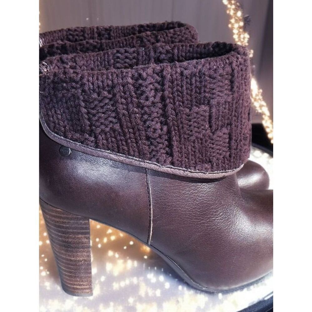 UGG Women’s Brown Leather Knit Cuff Heeled Ankle Boots